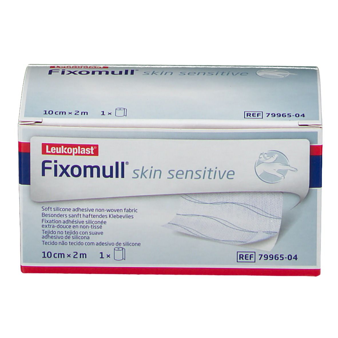 Fixomull skin sensitive Rolle in der Verpackung. 10cm x 2m. Produktinformationen und REF-Nummer.