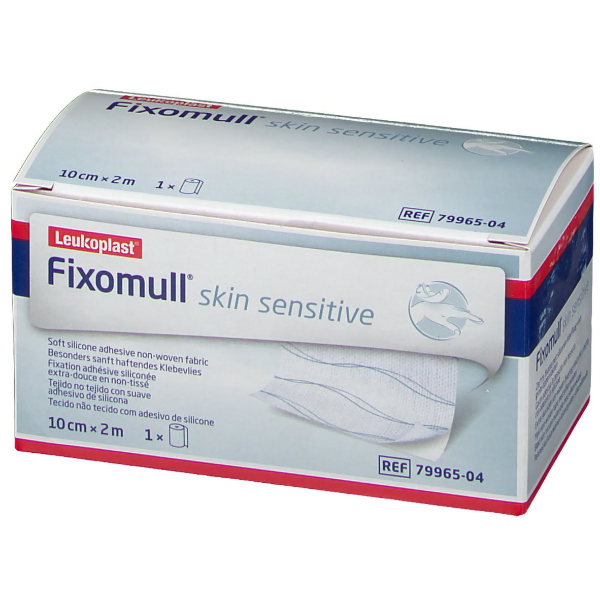 Fixomull skin sensitive Rolle in der Verpackung. 10cm x 2m. Produktinformationen und REF-Nummer.