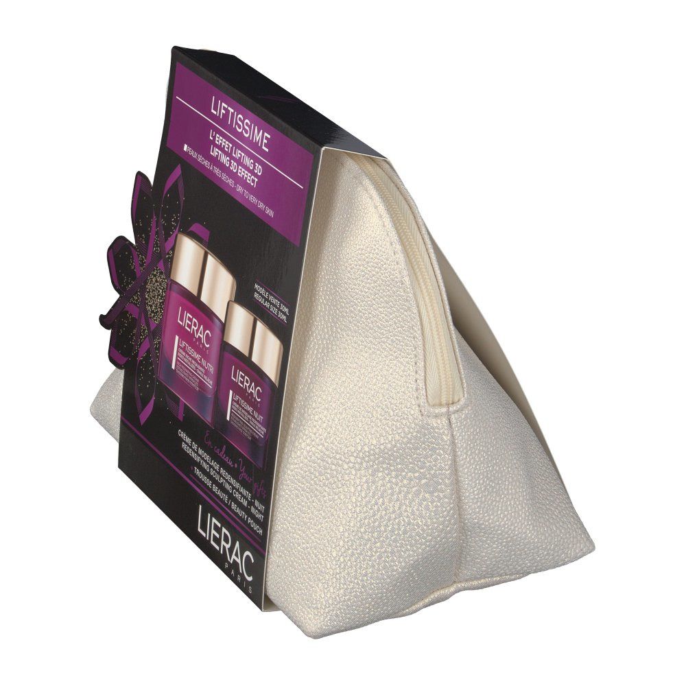 Vue oblique du coffret cadeau. La trousse crème a une fermeture éclair et un emballage avec deux pots.