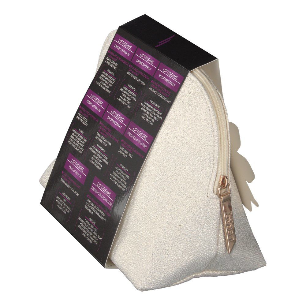 Vue oblique du coffret cadeau. La trousse crème a une fermeture éclair et un emballage avec du texte.