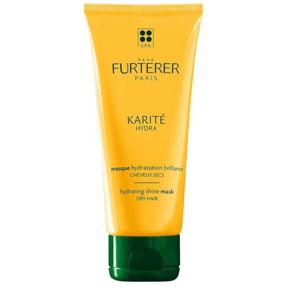 Gelbe Tube mit grünem Deckel. Aufschrift: René Furterer Paris, Karité Hydra, hydrating shine mask, cheveux secs.