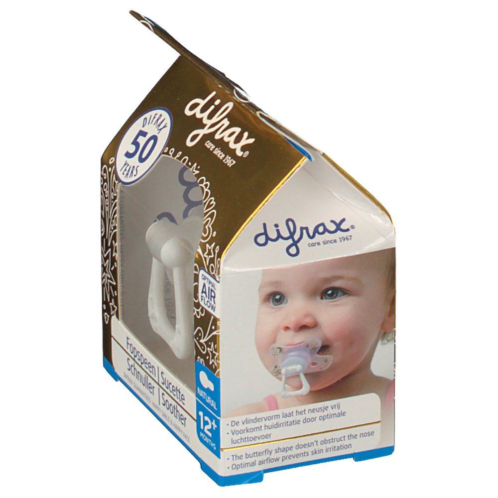 Verpackung mit Schnuller. Sichtfenster zeigt Schnuller. Marke: difrax. Text: Natural, 12+ Monate. Baby mit Schnuller.