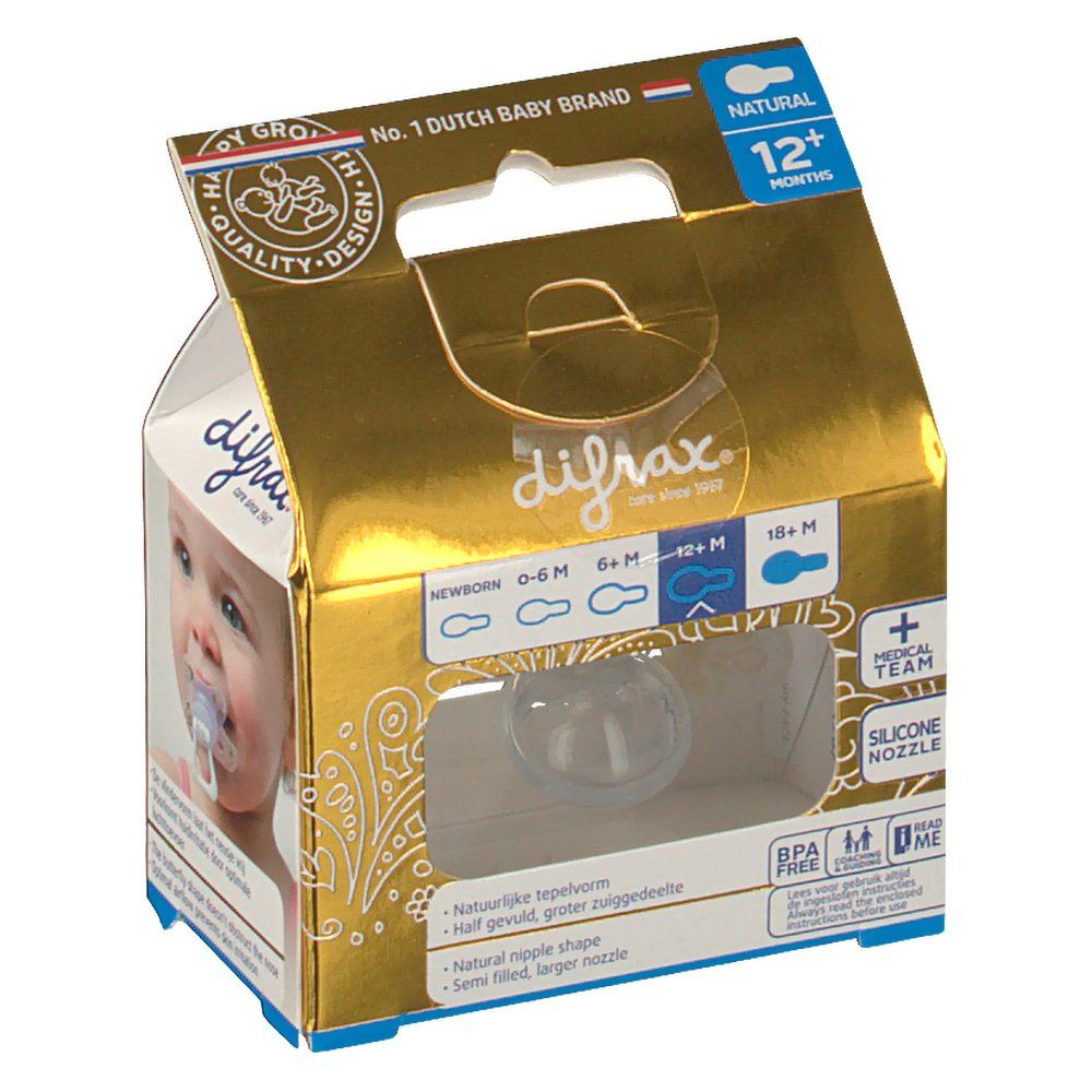 Verpackung mit Schnuller. Sichtfenster zeigt Schnuller. Marke: difrax. Text: Natural, 12+ Monate. Silikon-Sauger.