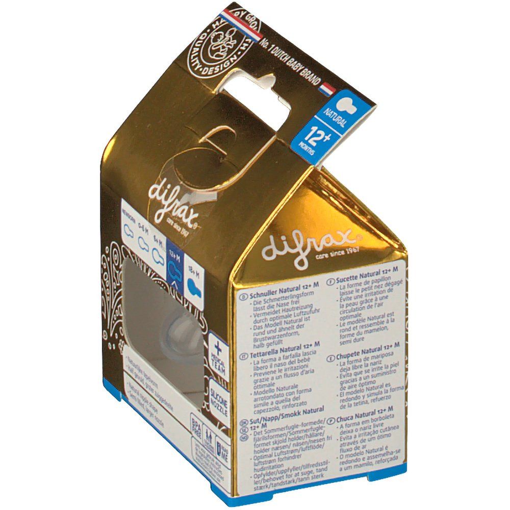 Verpackung mit Schnuller. Sichtfenster zeigt Schnuller. Marke: difrax. Text: Natural, 12+ Monate. Silikon-Sauger.