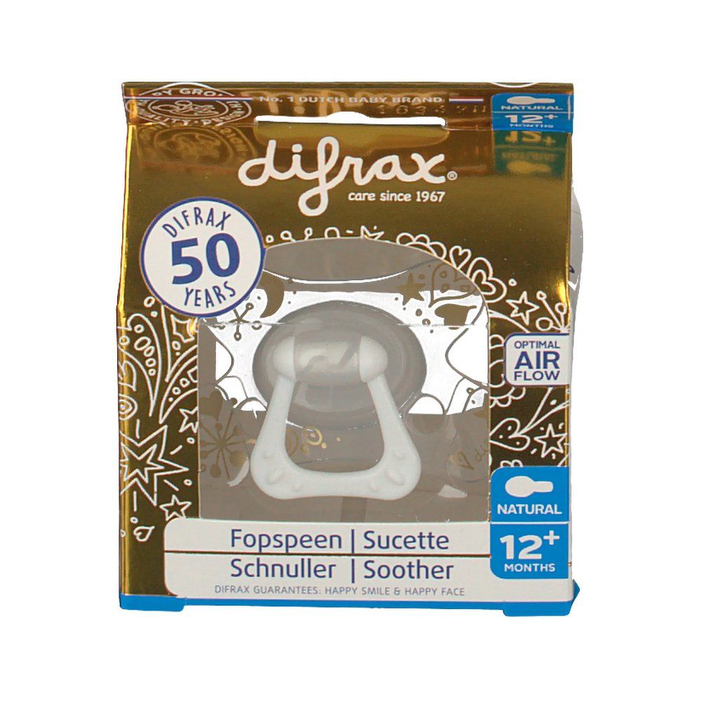 Verpackung mit Schnuller. Sichtfenster zeigt Schnuller. Marke: difrax. Text: Natural, 12+ Monate. Optimaler Luftstrom.