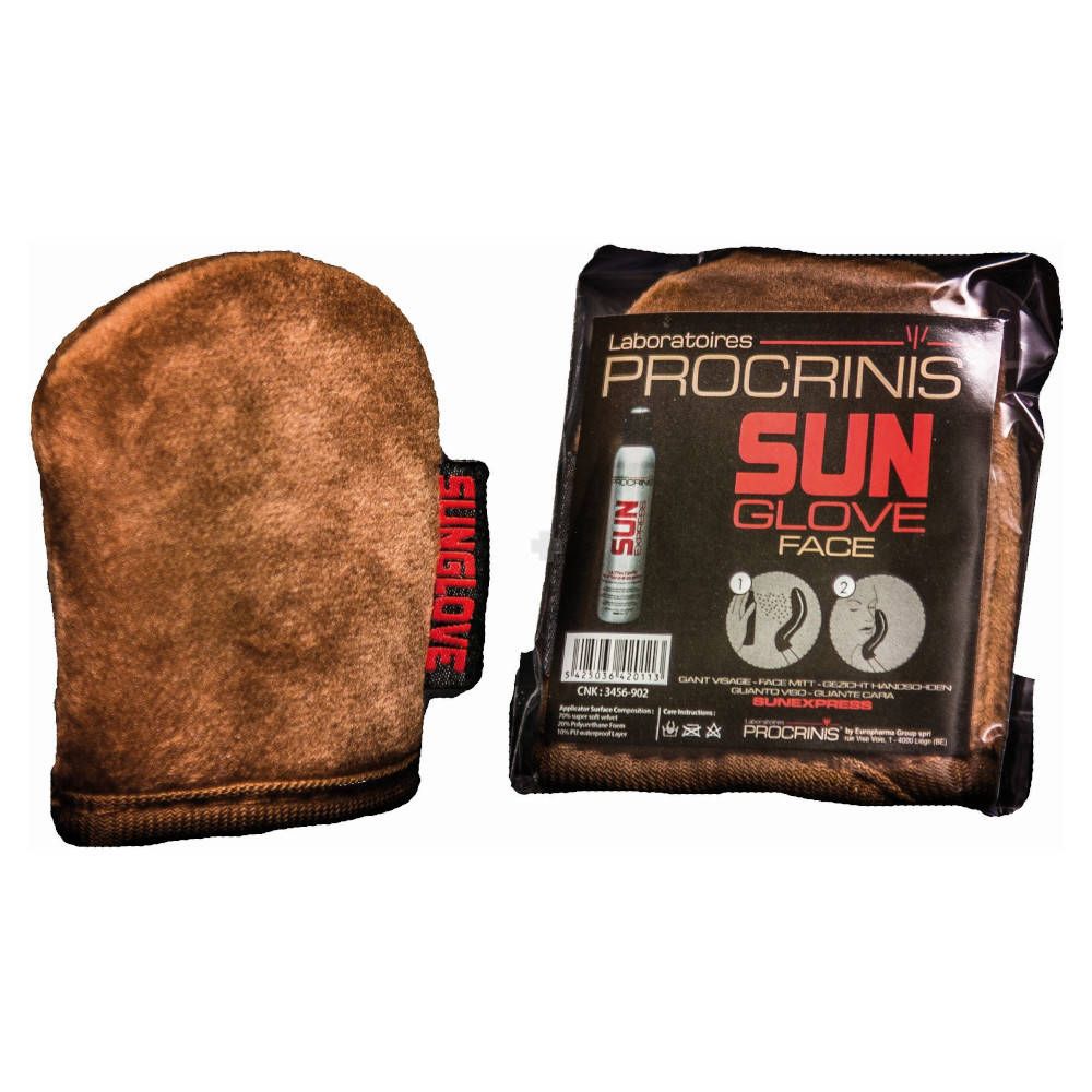 Gant facial en tissu marron. SUNGLOVE et PROCRINIS sont visibles sur l'étiquette. Emballé dans un emballage plastique noir.