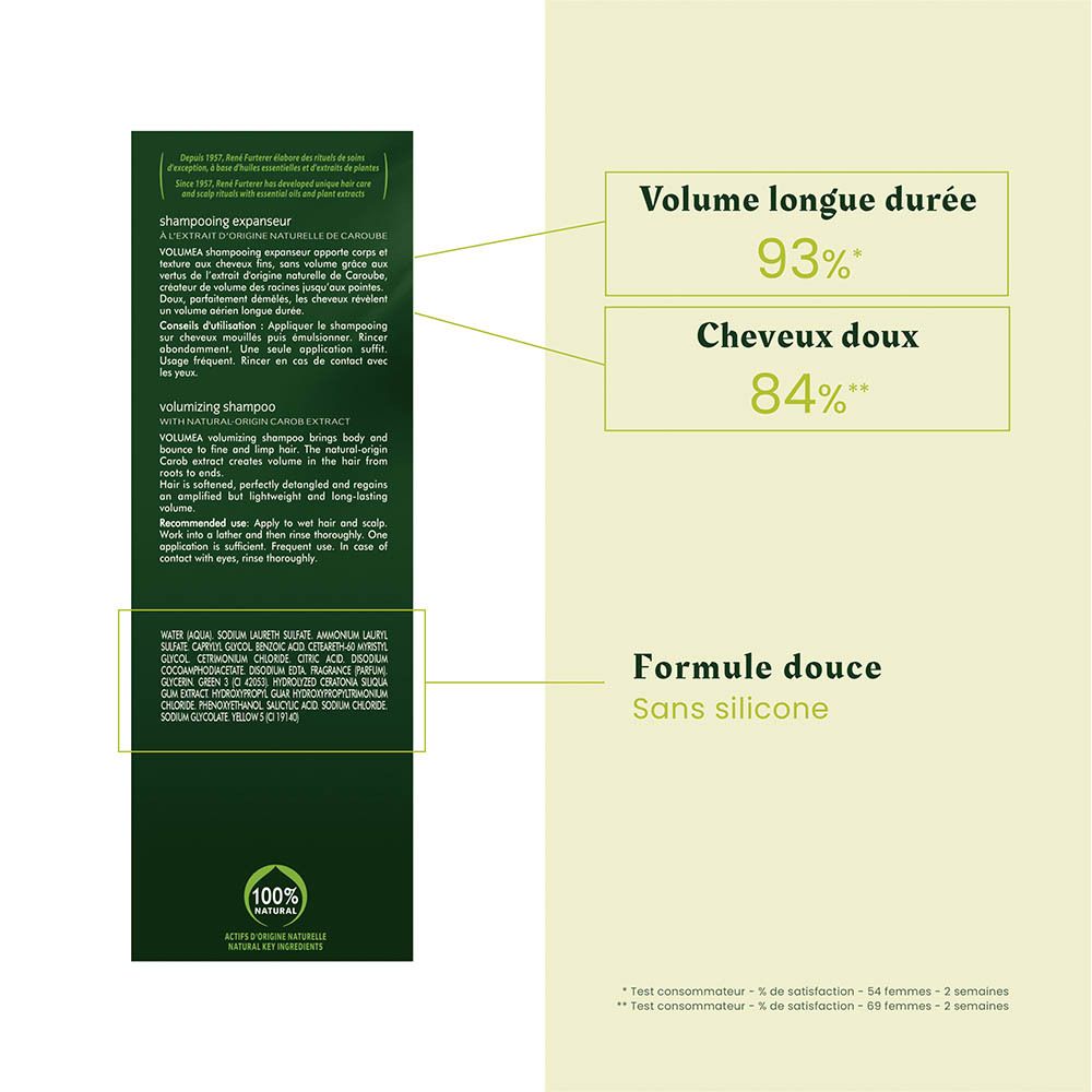 René Furterer Volumea Shampoo Tube mit Details zu Volumeneffekten, weichem Haar und Inhaltsstoffen.