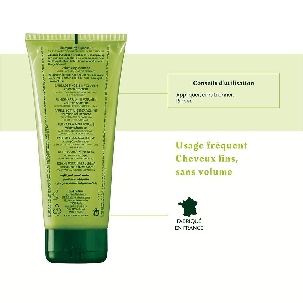 Rückseite einer grünen Tube René Furterer Volumέα Shampoo mit Anwendungshinweisen.
