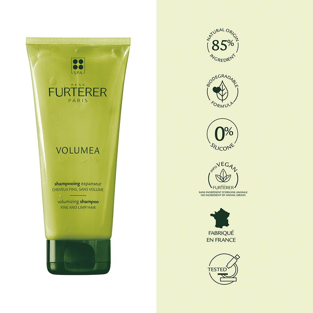 Grüne Tube René Furterer Volumea Volumizing Shampoo mit Siegeln für natürliche Inhaltsstoffe und vegane Formel.