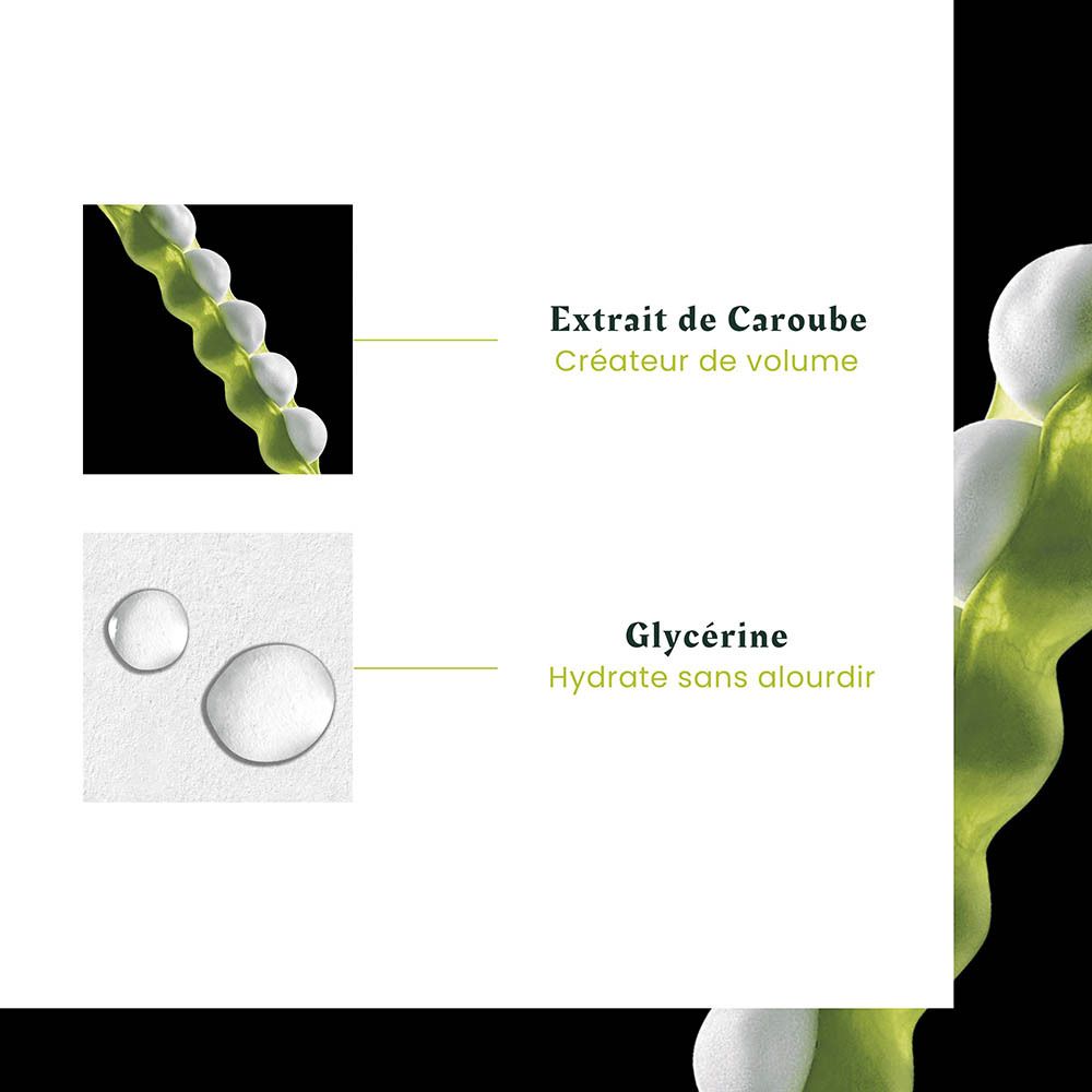 Inhaltsstoffe: Carobextrakt für Volumen, Glycerin für Feuchtigkeit. Klare Flüssigkeitstropfen.