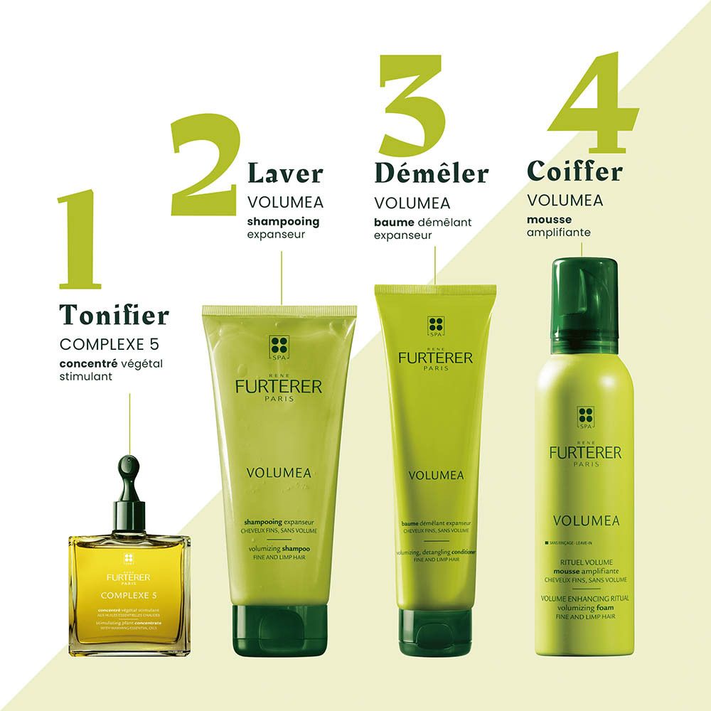Vier Produkte von Furterer: Öl, Shampoo, Spülung und Schaum für voluminöses Haar.