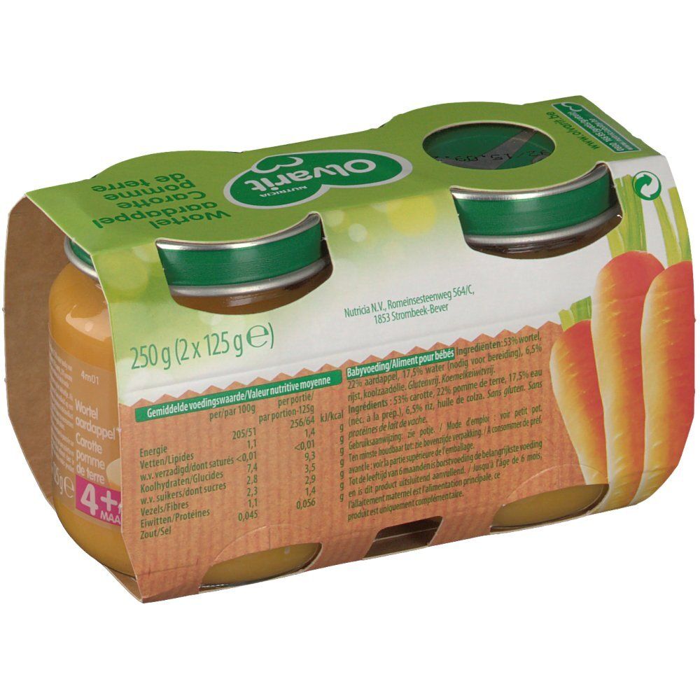 Emballage de 2 pots de purée carotte et pomme de terre. Informations nutritionnelles visibles. Marque Olvarit. 2x125g.