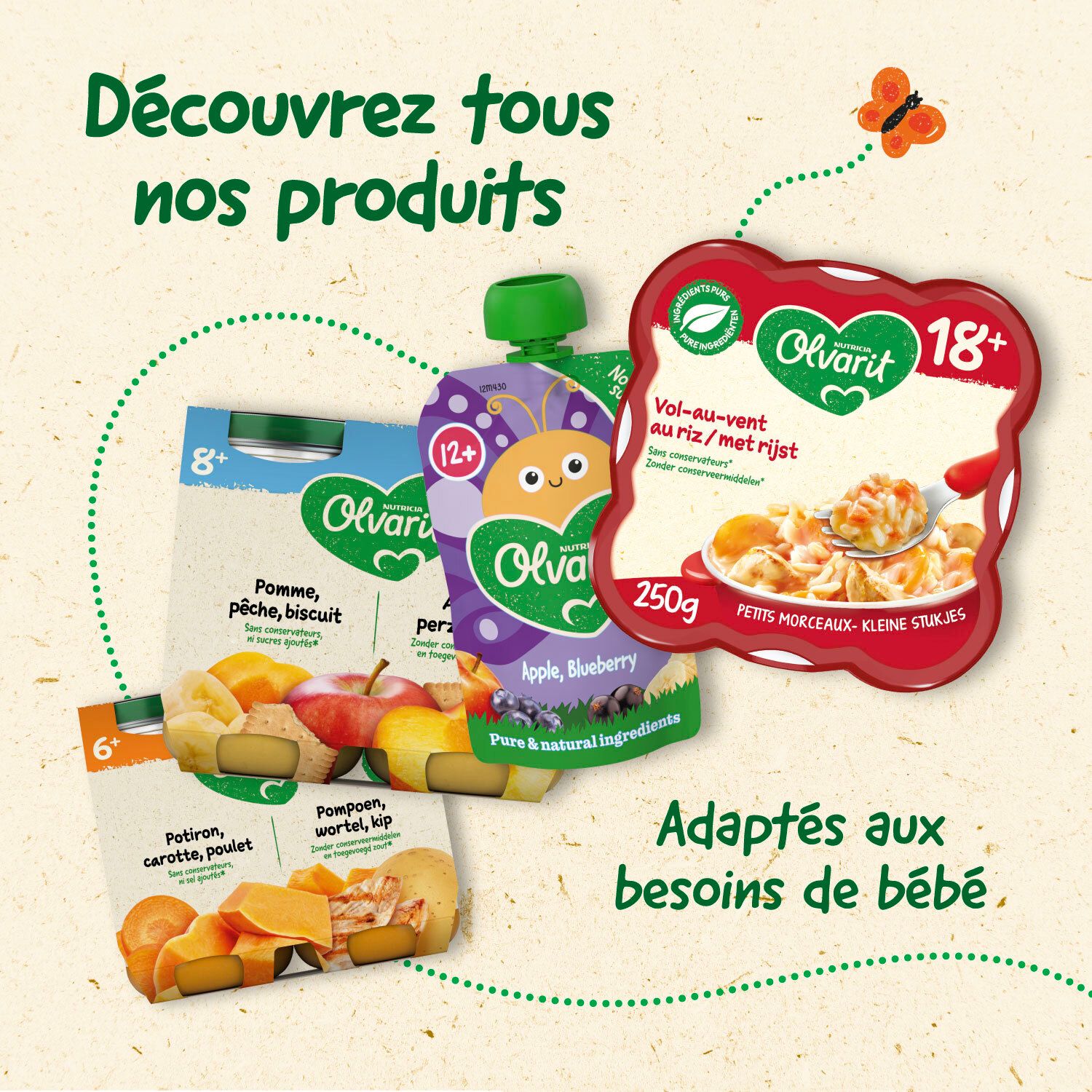 Plusieurs emballages d'aliments pour bébés. Marque Olvarit. 6+, 8+, 12+, 18+. Texte : Découvrez tous nos produits.