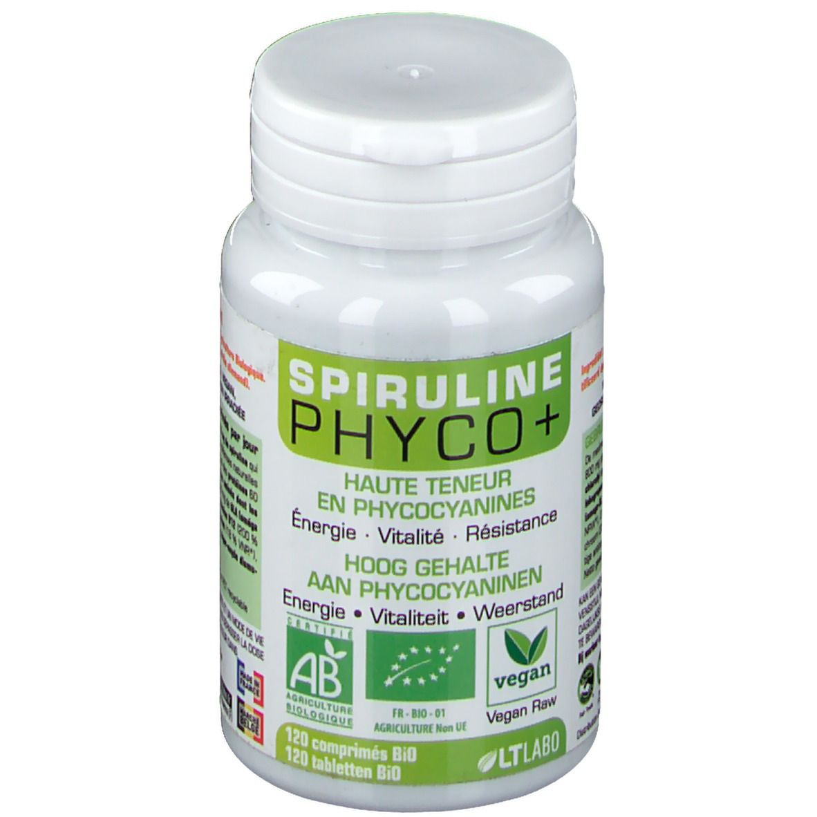 Weiße Flasche mit grünen und weißen Etiketten. Aufschrift: Spiruline Phyco+ BIO. Vegan-Siegel. 120 Tabletten.