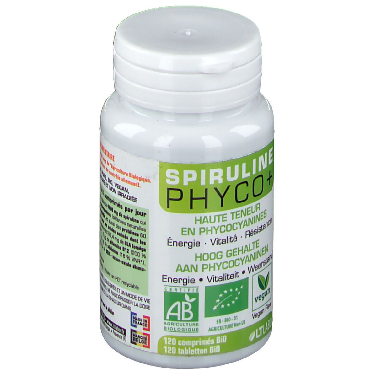 Weiße Flasche mit grünen und weißen Etiketten. Aufschrift: Spiruline Phyco+ BIO. Vegan-Siegel. 120 Tabletten.