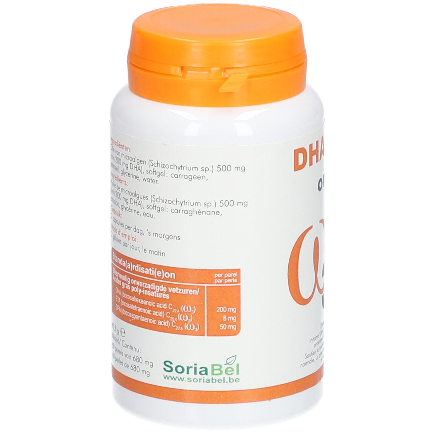Rückseite der weißen Flasche mit orangefarbenem Deckel. Enthält Informationen zu Inhaltsstoffen und Nährwerten. Marke SoriaBel.