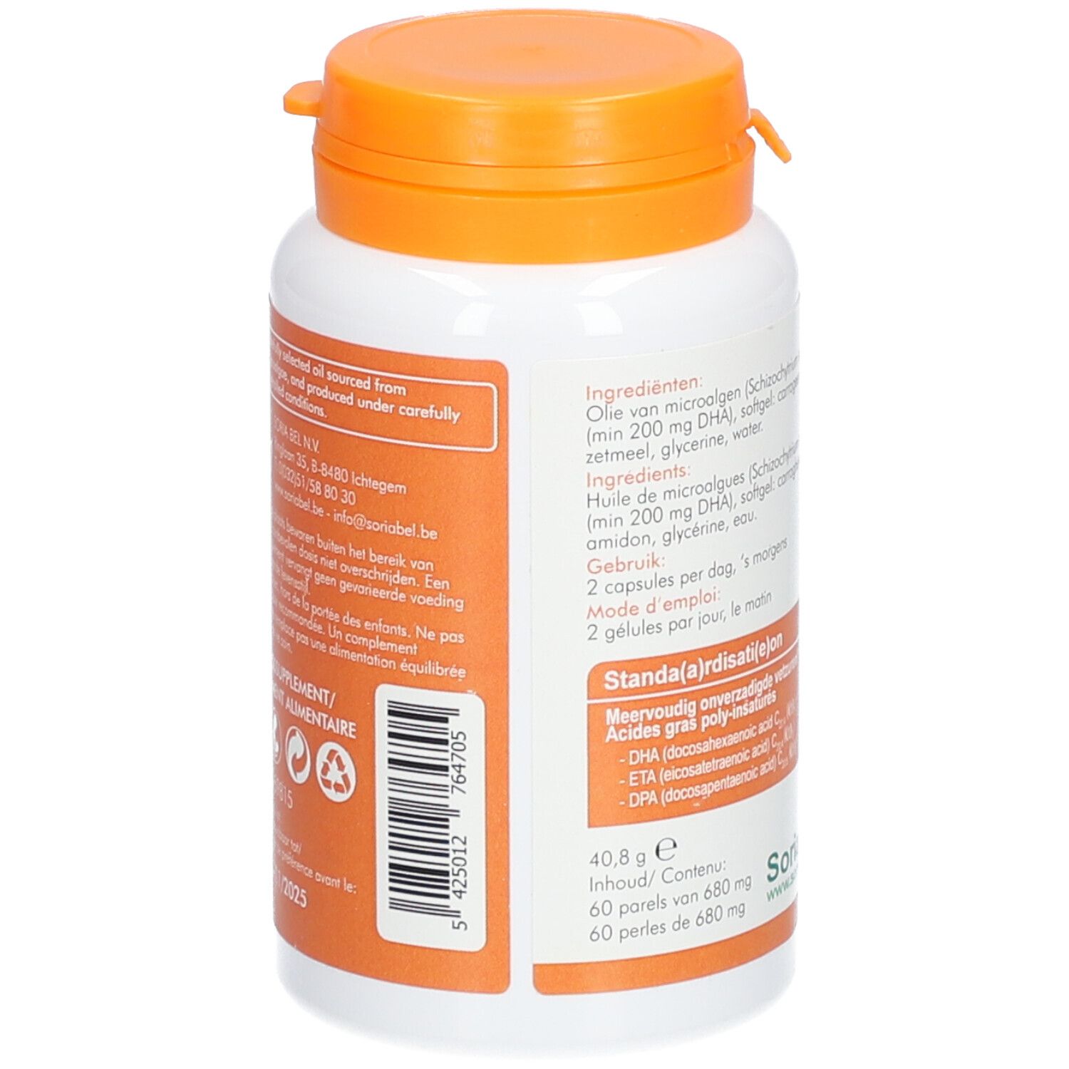 Rückseite der weißen Flasche mit orangefarbenem Deckel. Enthält Informationen zu Inhaltsstoffen und Dosierung. Marke SoriaBel.