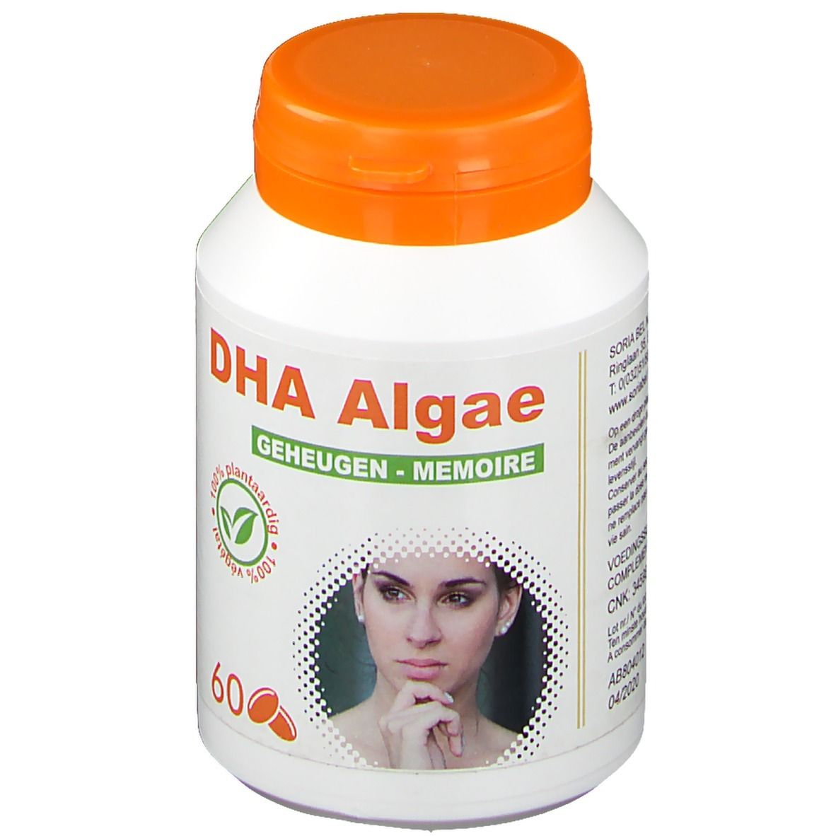Weiße Flasche mit orangefarbenem Deckel. Aufschrift DHA Algae. Bild einer Frau. Enthält 60 Kapseln. Logo für pflanzliche Inhaltsstoffe.