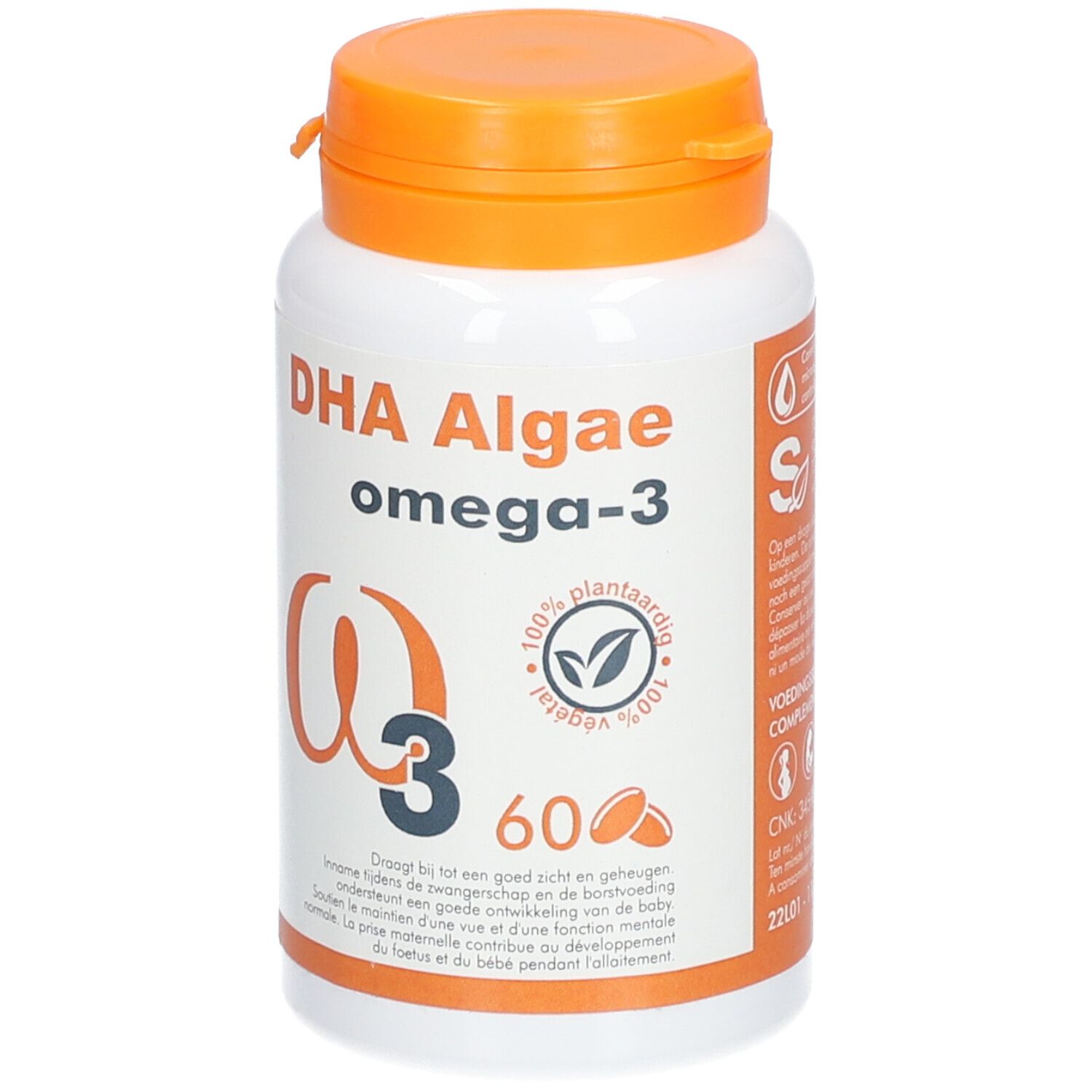 Weiße Flasche mit orangefarbenem Deckel. Aufschrift DHA Algae omega-3. Enthält 60 Kapseln. Mit Logo für pflanzliche Inhaltsstoffe.
