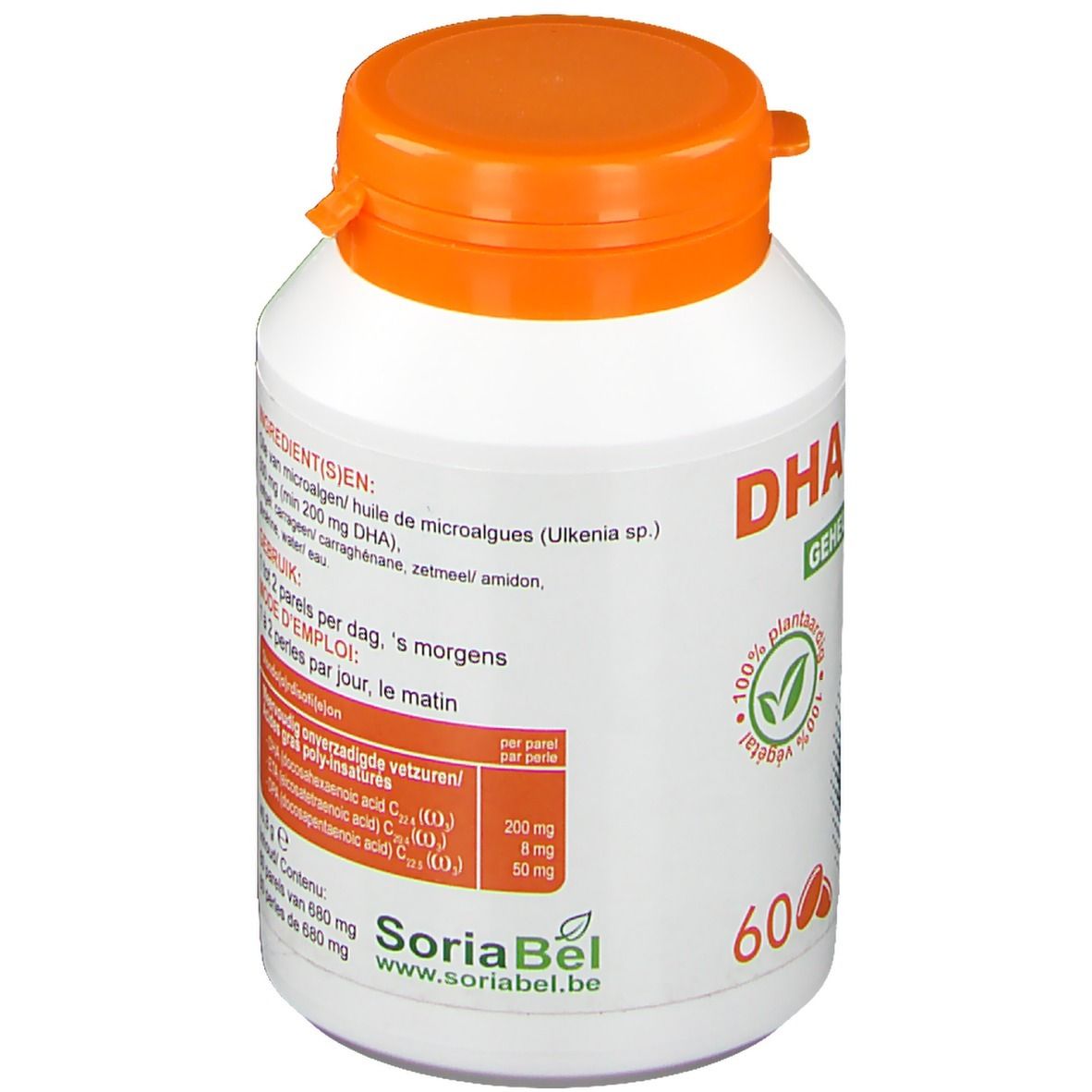 Weiße Flasche mit orangefarbenem Deckel. Enthält Informationen zu Inhaltsstoffen und Nährwerten. Marke SoriaBel. Enthält 60 Kapseln.