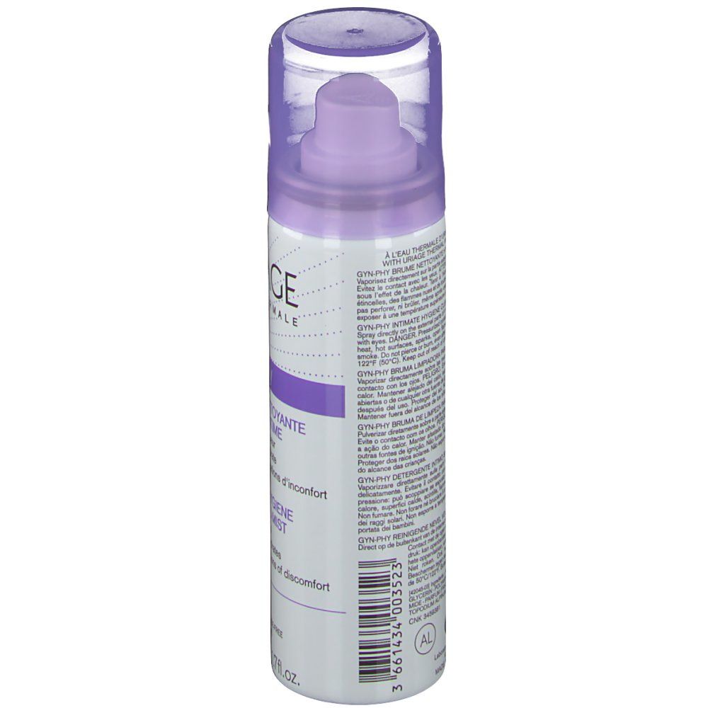 Zylindrische Flasche mit Sprühkopf. Lila und weiße Beschriftung. Text: Uriage, Gyn-Phy, Brume Nettoyante. Transparente Kappe.