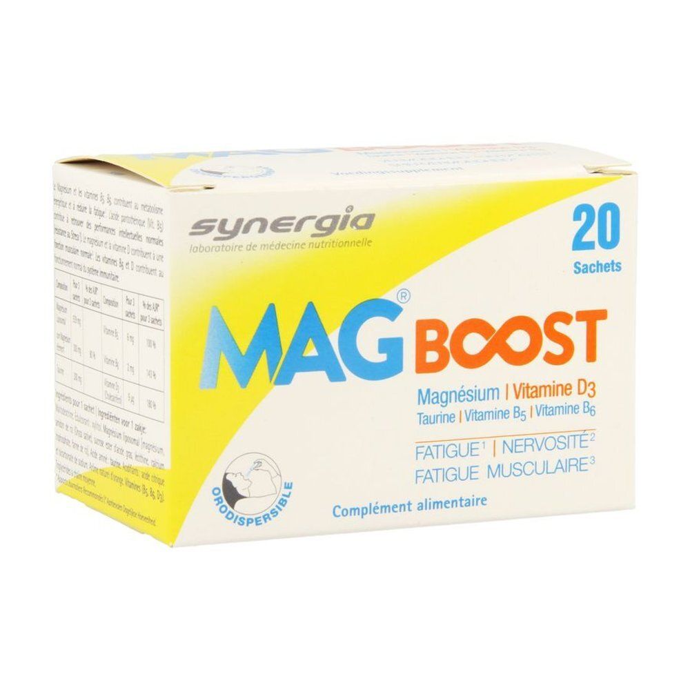 Boîte de MAG BOOST, 20 sachets. Ingrédients: Magnésium, vitamine D3, taurine, vitamine B6. Complément alimentaire.