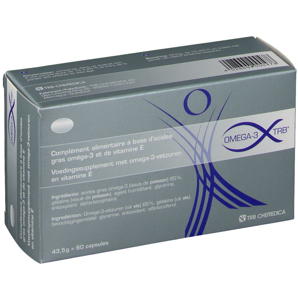Boîte de compléments alimentaires Omega-3 TRB®. Contient 60 capsules. Emballage gris avec informations et logo.