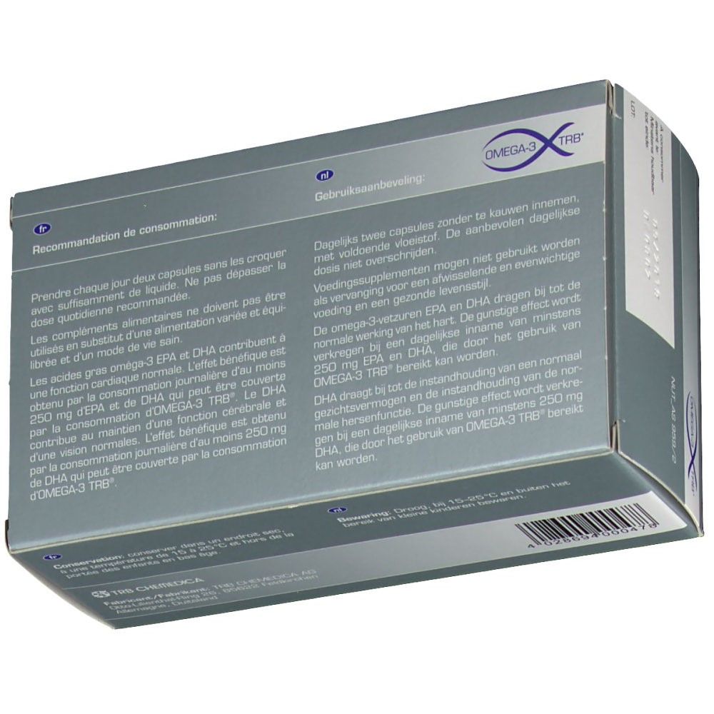 Dos de l'emballage Omega-3 TRB®. Contient des informations sur le produit et des recommandations de dosage.