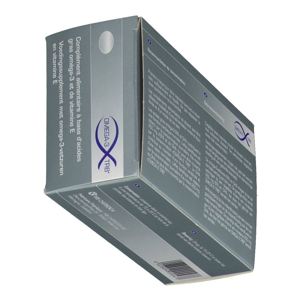 Vue oblique de l'emballage Omega-3 TRB®. Boîte grise avec informations sur le produit.