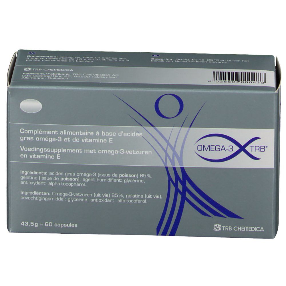 Vue de dessus de l'emballage Omega-3 TRB®. Boîte grise avec informations et logo.