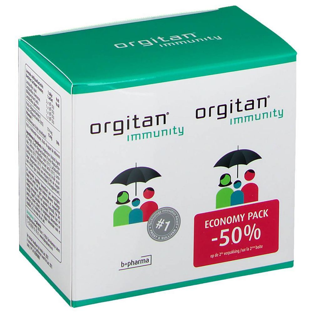 Orgitan Immunität DUO-Verpackung. Weißer Karton mit grünem Deckel. Logo und Illustrationen. "Economy Pack -50%" Aufdruck.
