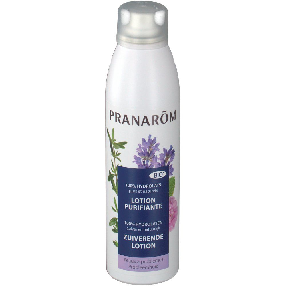 Weiße Flasche mit silbernem Deckel. Aufdruck: PRANAROM, Lotion Purifiante, Bio-Siegel. Abbildung von Blüten und Blättern.
