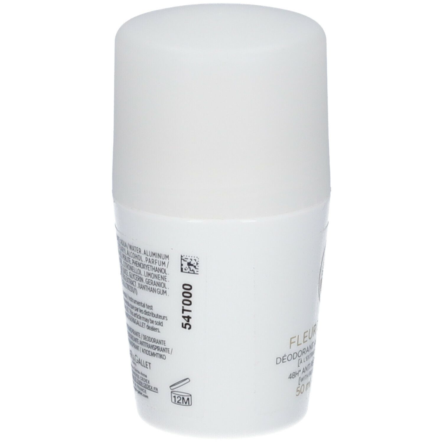 Dos du déodorant roll-on blanc. Inscription: Fleur de Figuier, Roger & Gallet. 54T000.