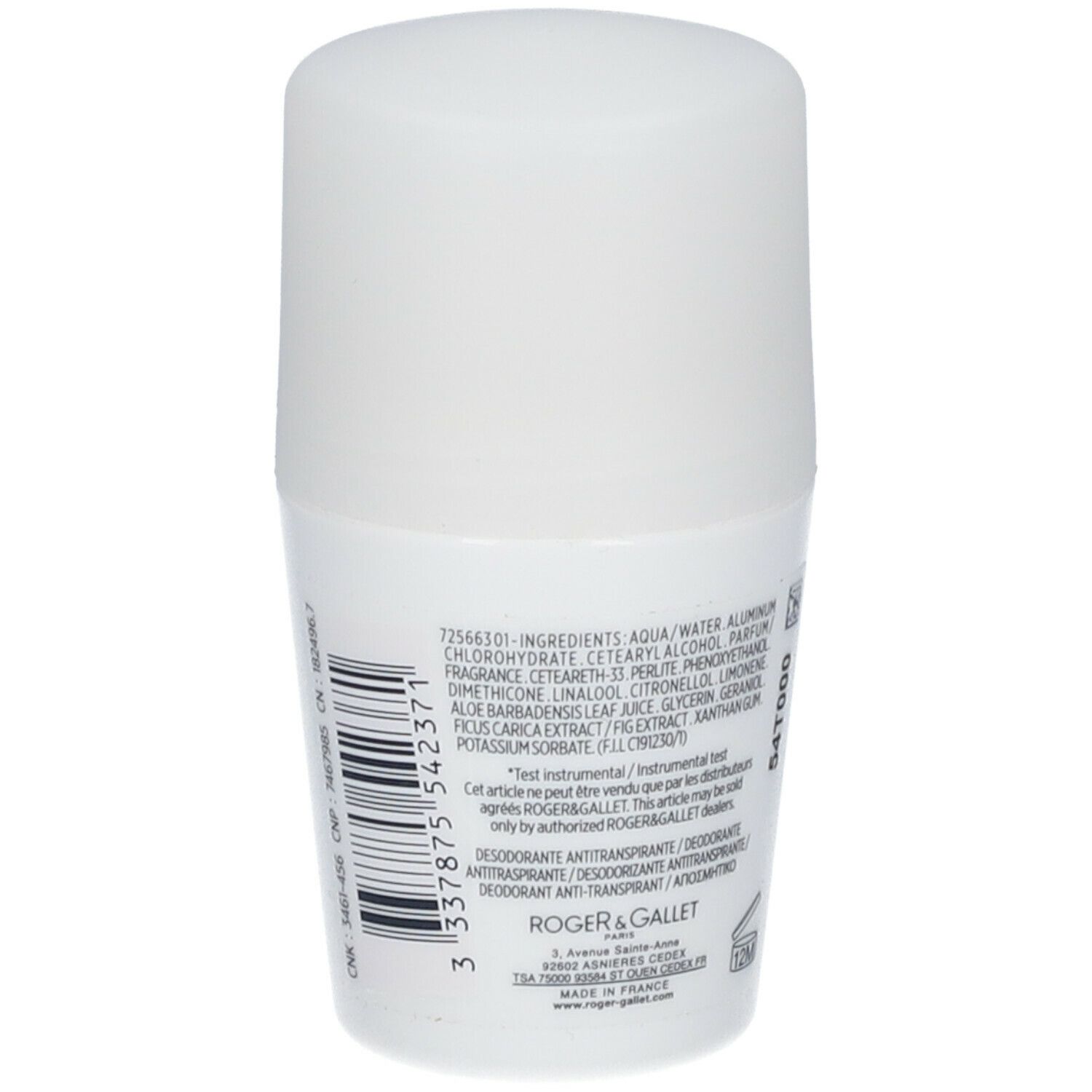 Dos du déodorant roll-on blanc. Inscription: Fleur de Figuier, Roger & Gallet. Code-barres.