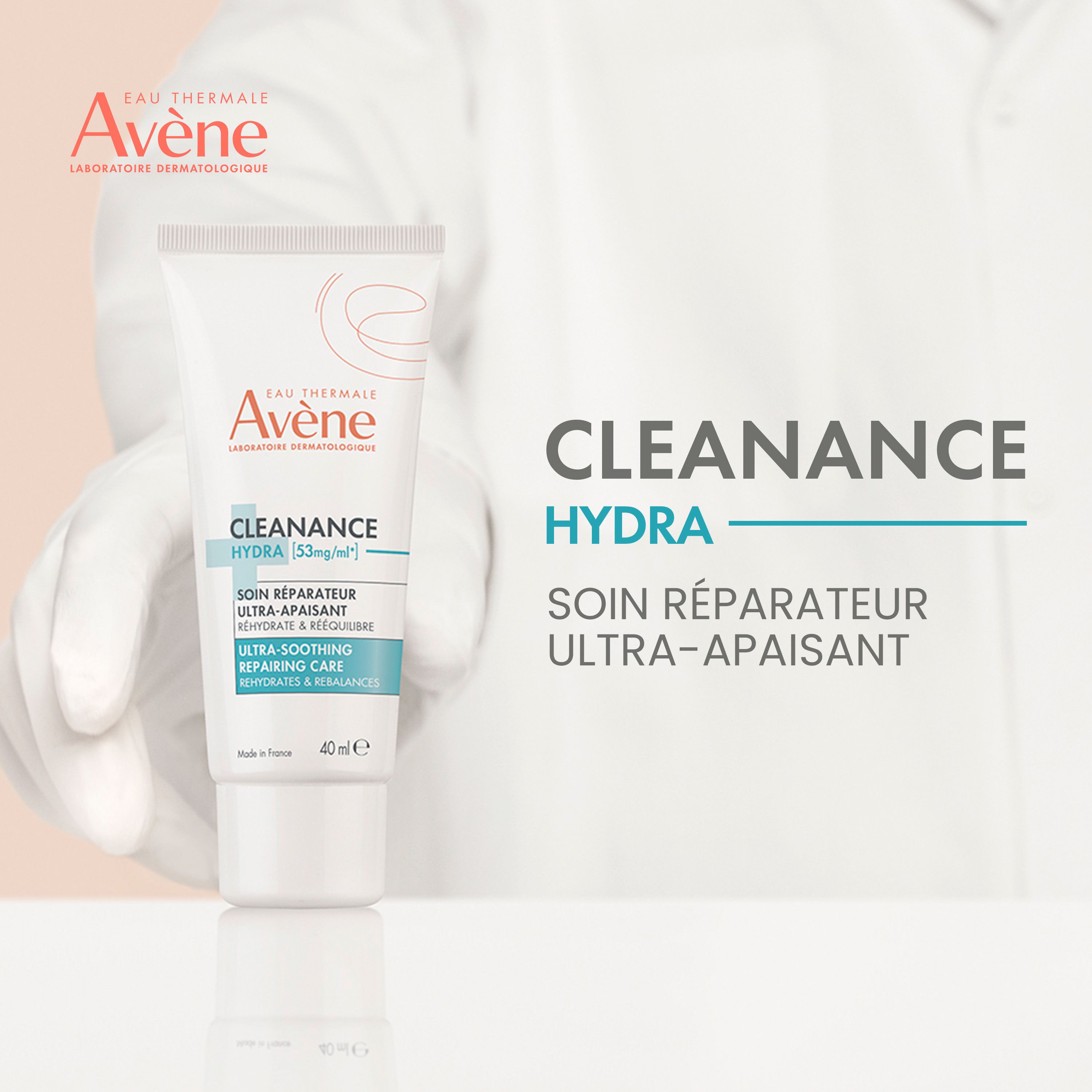 Tube et boîte de crème apaisante Avène Cleanance Hydra, informations produit sur les deux.