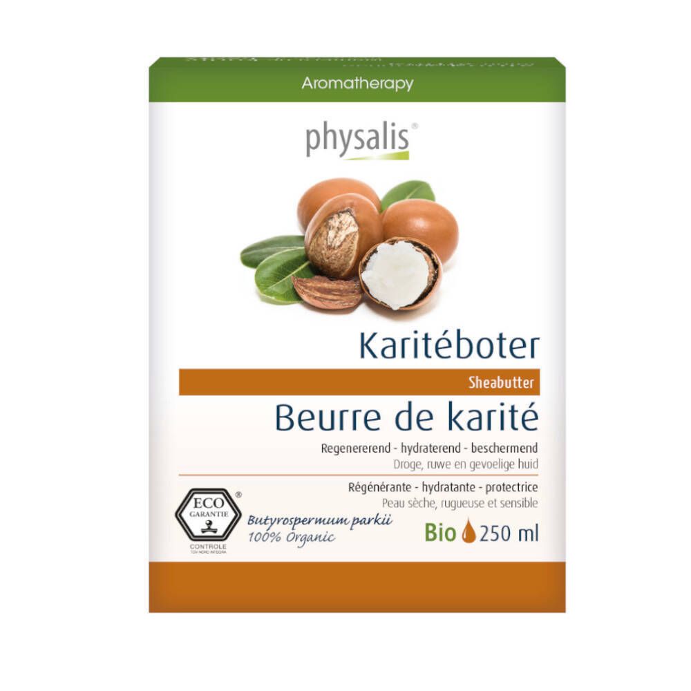 Weißer Karton mit Produktabbildung und Text. Aufschrift: Karitéboter, Beurre de karité, Bio 250 ml. ECO Garantie.