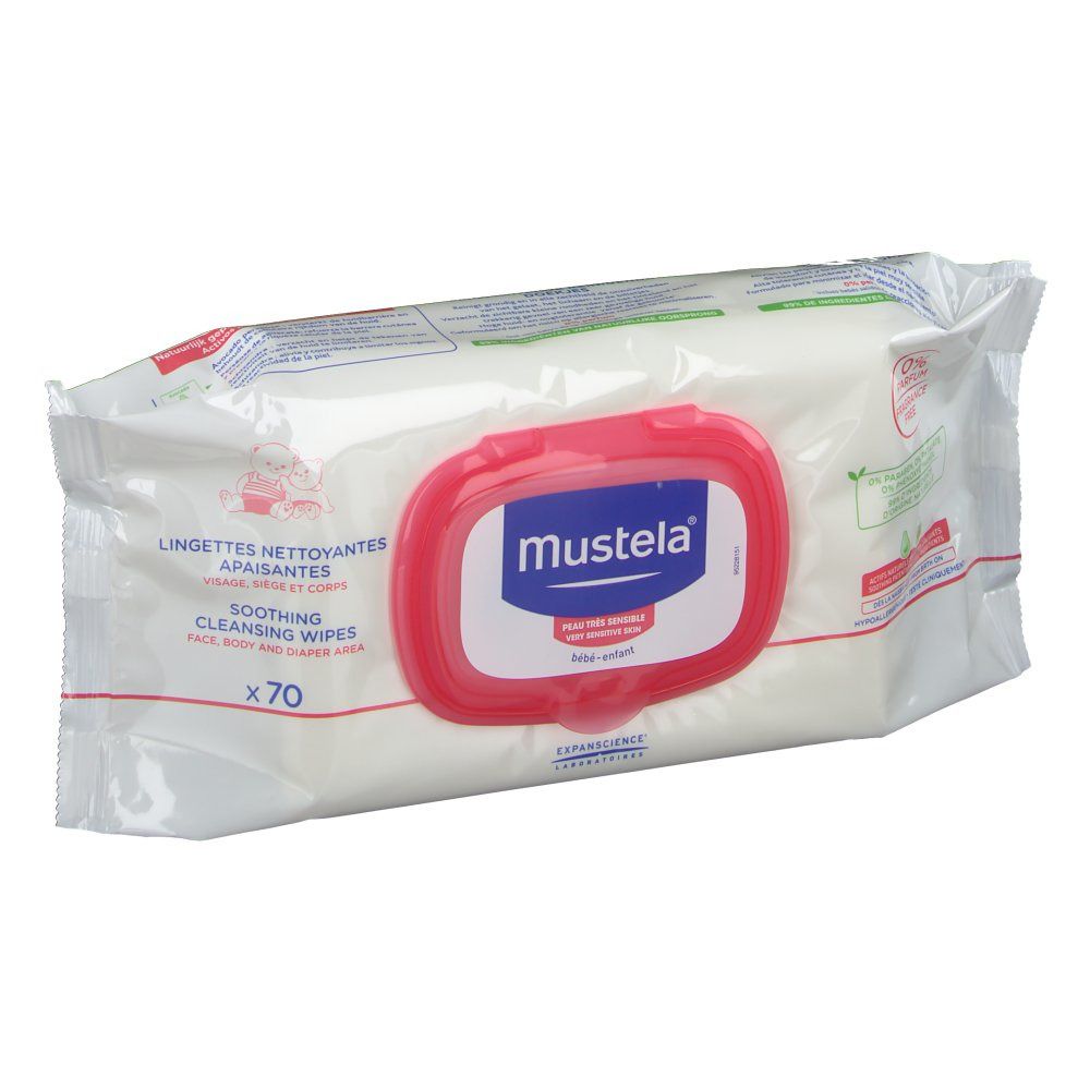 Verpackung mit Reinigungstüchern. Rosa Deckel mit Mustela-Logo. Enthält 70 Tücher. Text: Lingettes nettoyantes apaisantes.