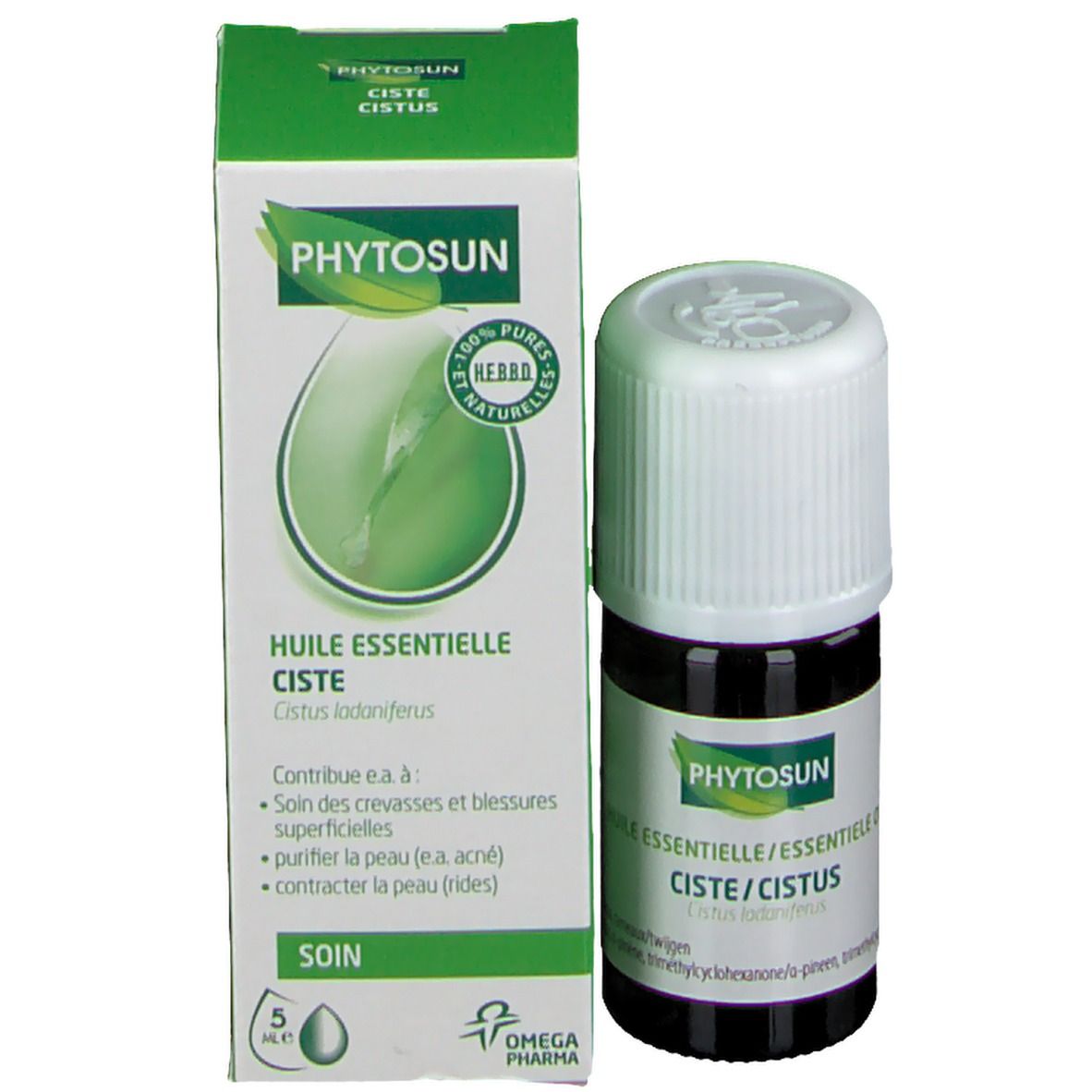 Produktverpackung und Flasche. Flasche: braunes Glas, weißer Deckel. Verpackung: grün, "Phytosun", "Ciste".