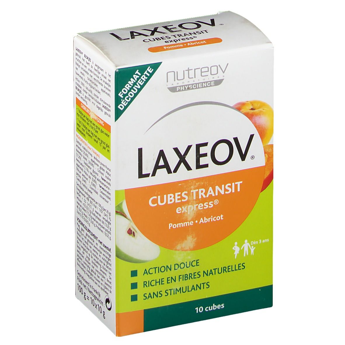 Boîte LAXEOV, Cubes Transit Express Pomme-Abricot. Ingrédients et informations nutritionnelles. 10 cubes. Marque Nutreov Physcience.