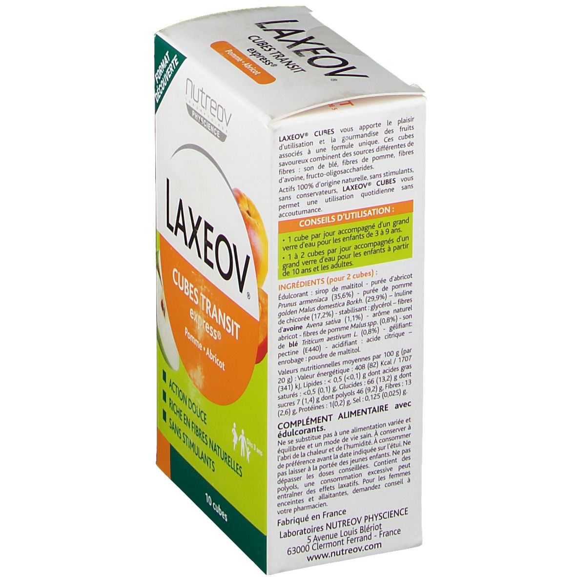 Dos de la boîte LAXEOV, Cubes Transit Express Pomme-Abricot. Ingrédients, conseils d'utilisation. Marque Nutreov Physcience.