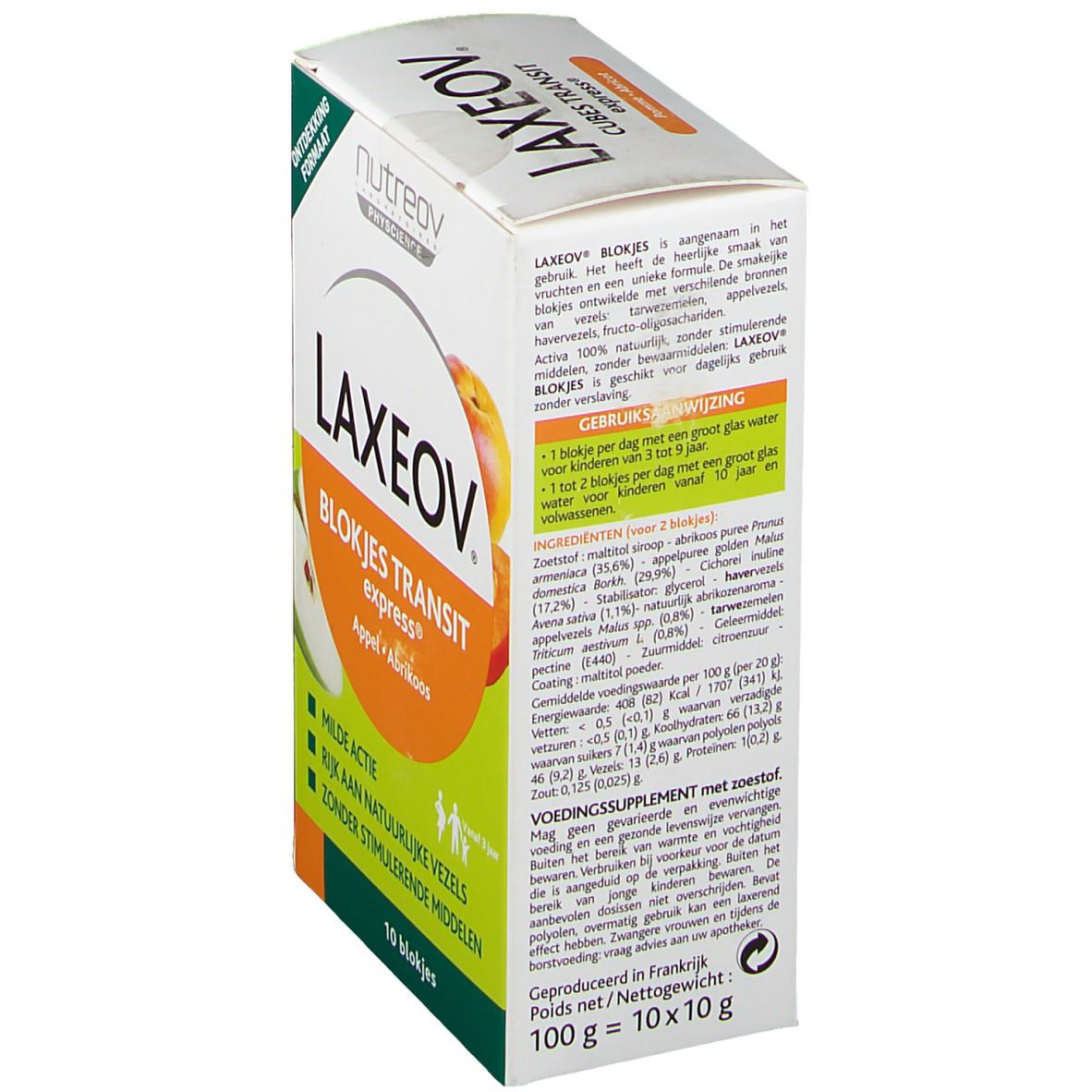 Dos de la boîte LAXEOV, Blokjes Transit Express Pomme-Abricot. Ingrédients, conseils d'utilisation. Marque Nutreov Physcience.