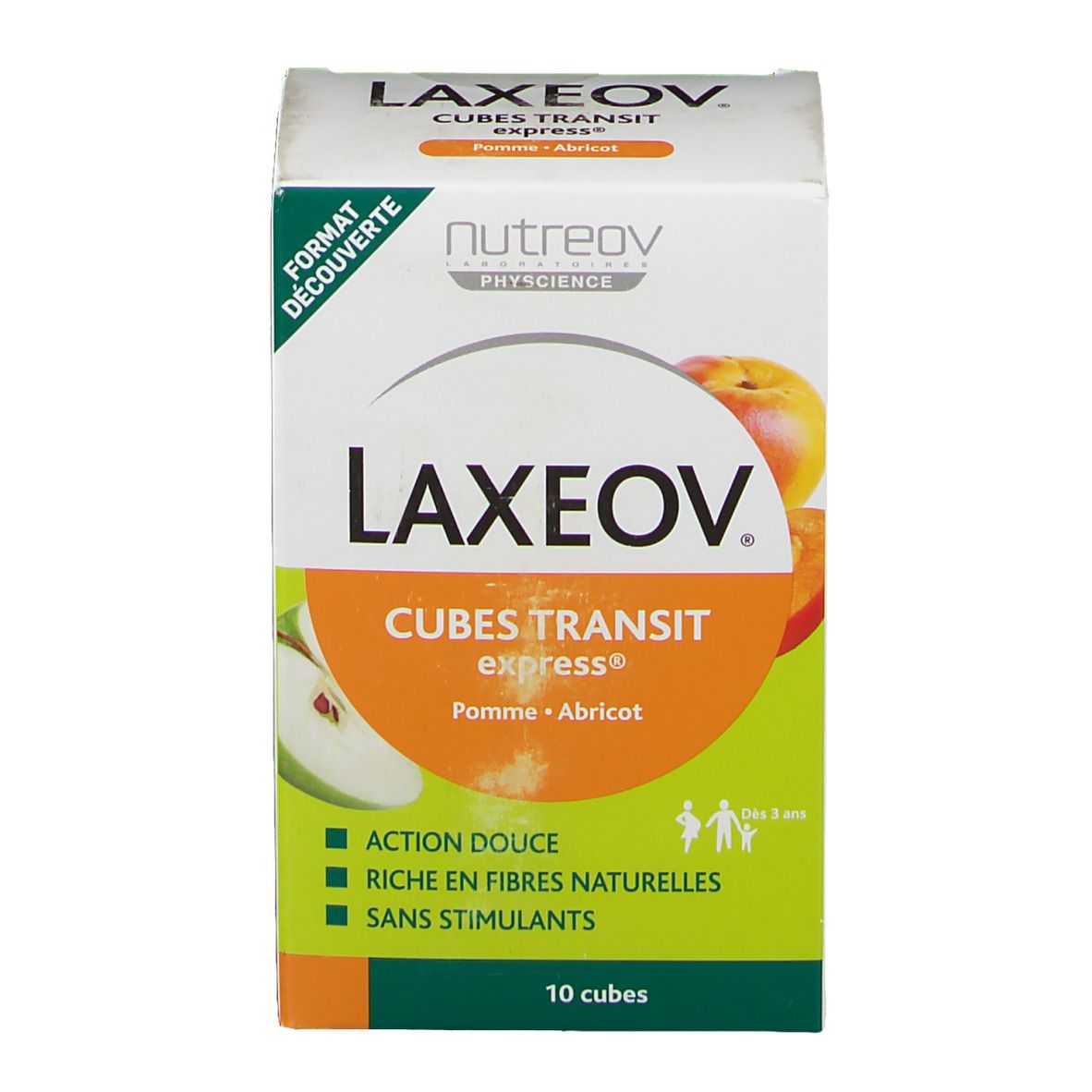 Boîte LAXEOV, Cubes Transit Express Pomme-Abricot. 10 cubes. Marque Nutreov Physcience. Inscription: Action douce, Riche en fibres naturelles.