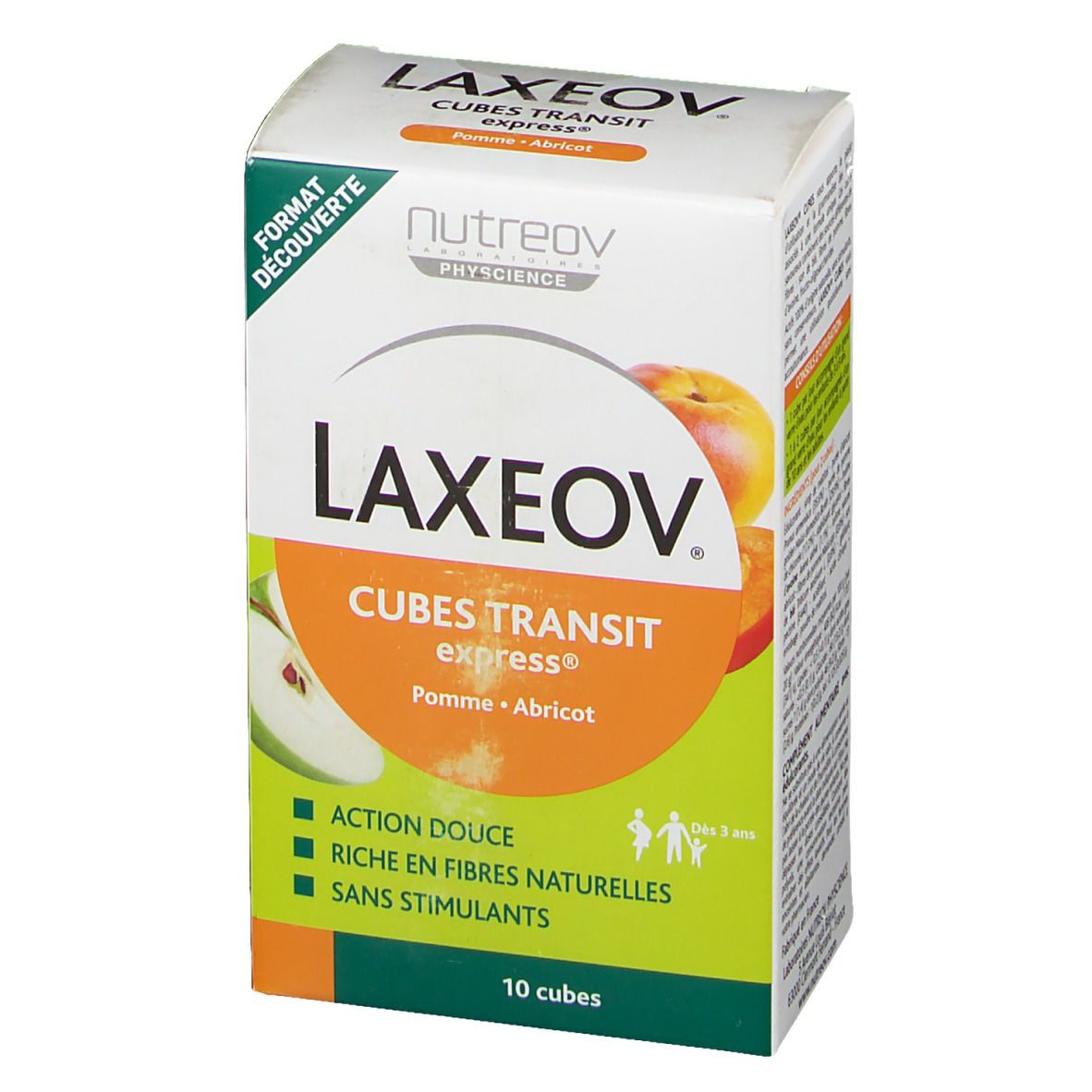 Boîte LAXEOV, Cubes Transit Express Pomme-Abricot. 10 cubes. Marque Nutreov Physcience. Inscription: Action douce, Riche en fibres naturelles.