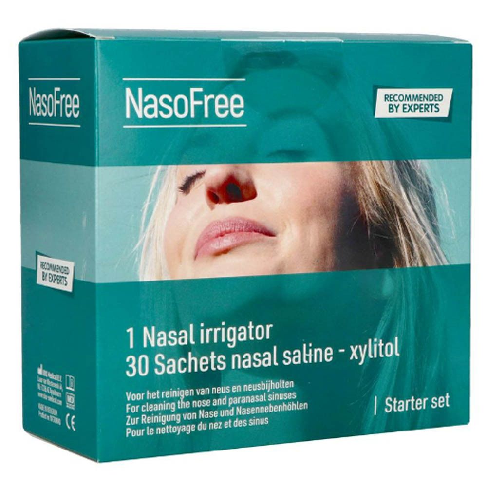 NasoFree Nasenspülung Starter-Set mit 30 Beuteln Nasensalz und Xylit.