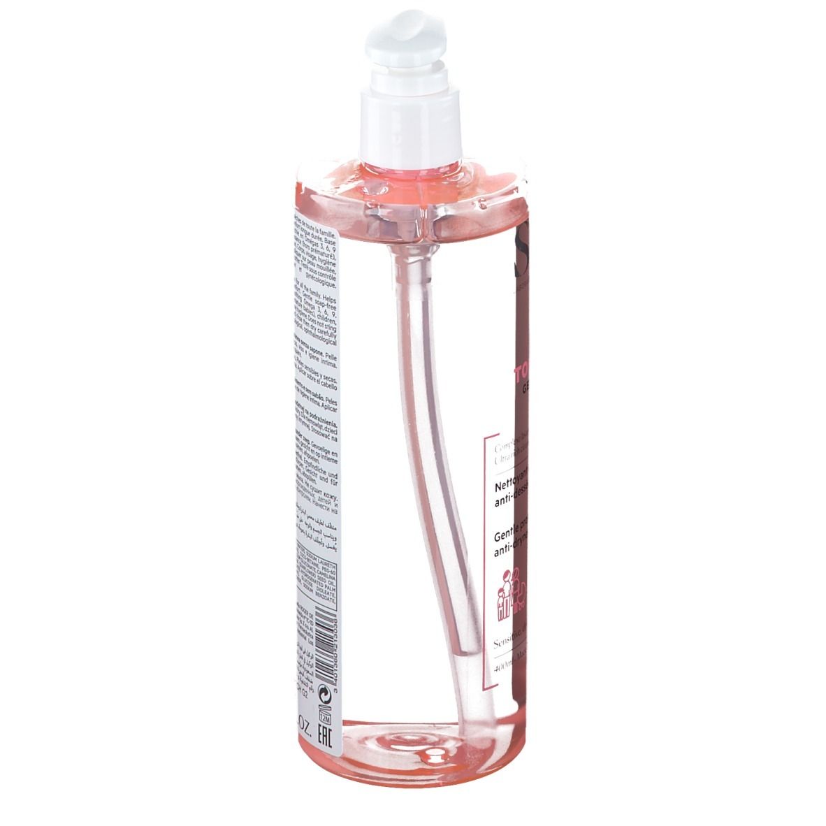 Flacon transparent avec liquide rose et pompe blanche. Dos avec texte.