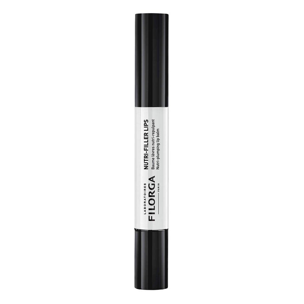 Schwarzer Lippenbalsam mit schwarzem Deckel. Aufschrift: NUTRI-FILLER LIPS, FILORGA.