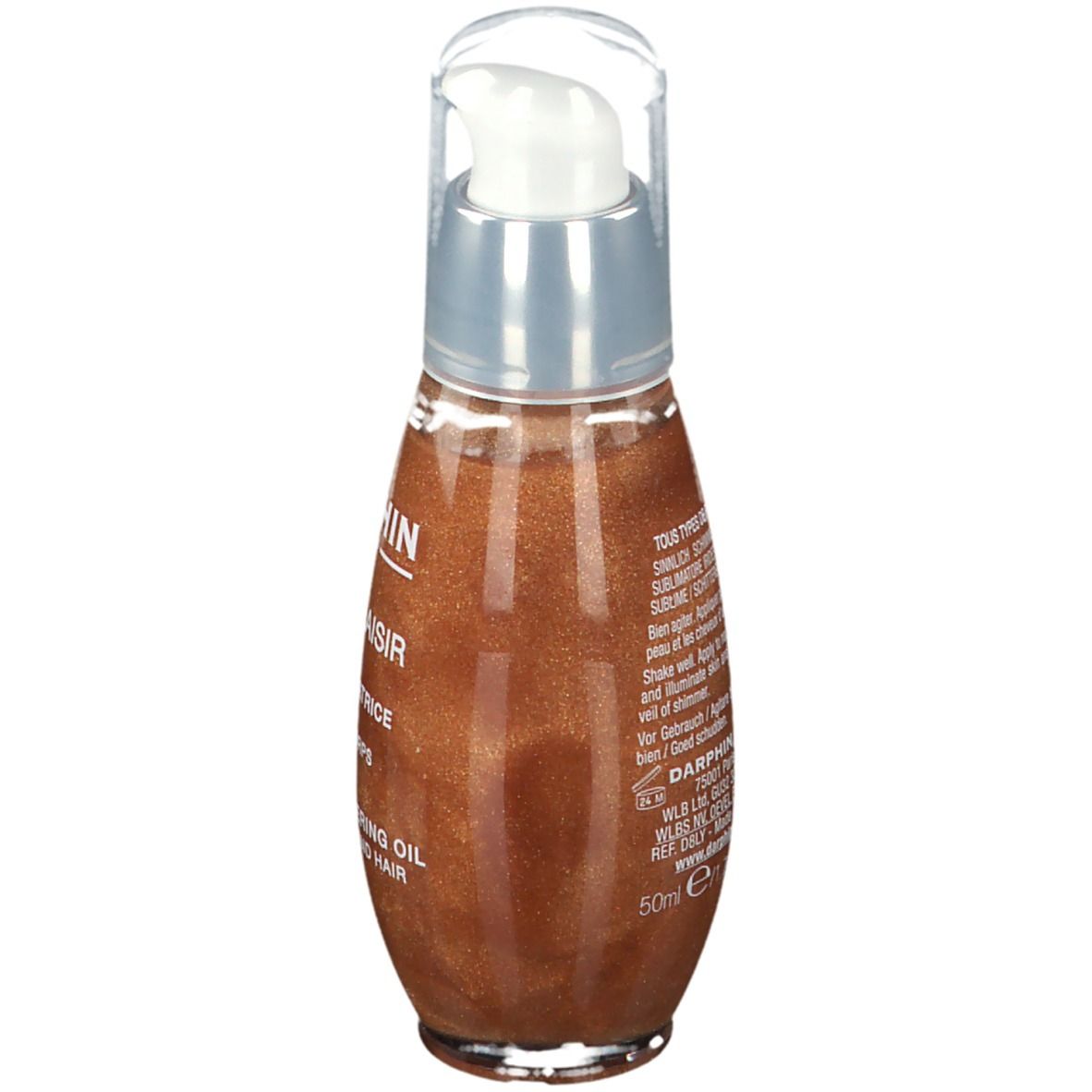 Rückansicht der Ölflasche. Klarer Deckel, silberner Kragen, braunes Öl. Text: DARPHIN, SOLEIL PLAISIR, HUILE SUBLIMATRICE IRISÉE.