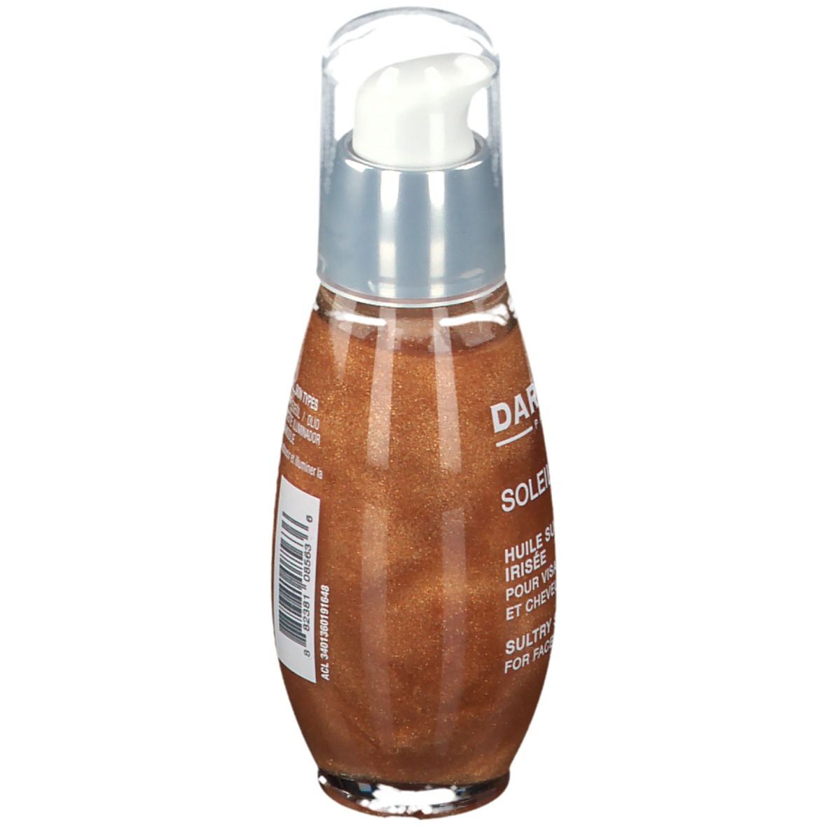 Rückansicht der Ölflasche. Klarer Deckel, silberner Kragen, braunes Öl. Text: DARPHIN, SOLEIL PLAISIR, HUILE SUBLIMATRICE IRISÉE.