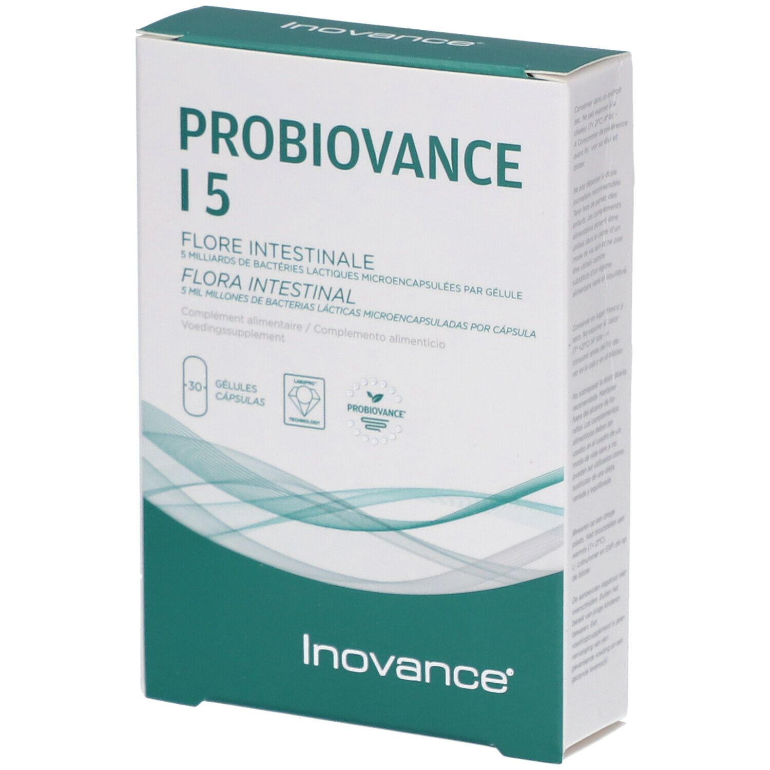 Schachtel mit "PROBIOVANCE I 5". Text: "FlORE INTESTINALE", "3 Milliarden...", "30 Gélules". Marke: Inovance.