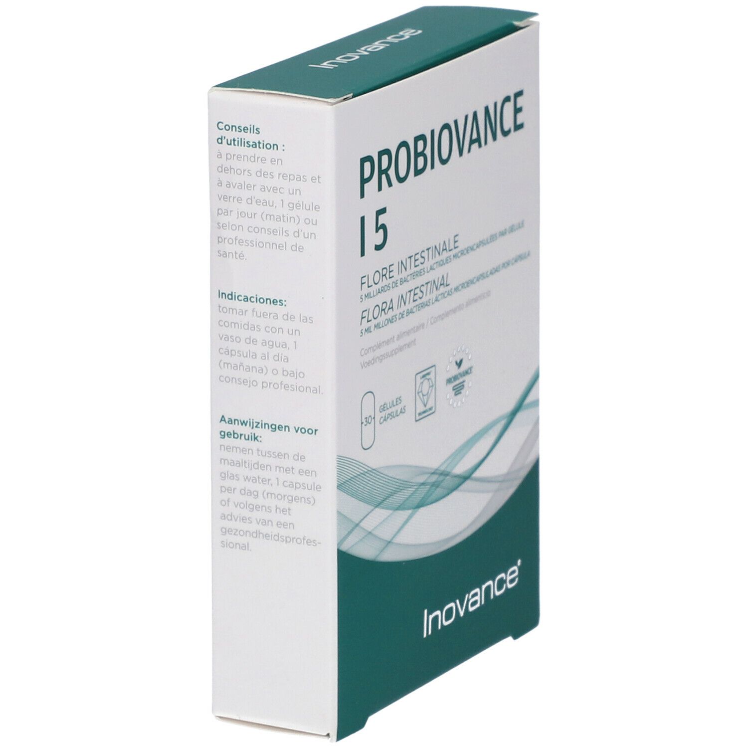 Schachtel "PROBIOVANCE I 5". Text: "FLORE INTESTINALE". Marke: Inovance. Aufdruck: Anwendungshinweise in mehreren Sprachen.